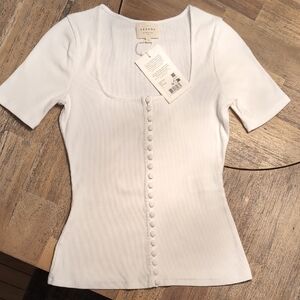 Sezane White Short Sleeve Button-Down Top